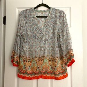 Part Silk short tunic blouse, orange and light blue mix. Marks and Spencer’s